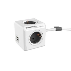 ALLOCACOC PowerCube Original Extended USB| Πολύπριζο 4 θέσεων & 2 USB Γκρι 1402GY/DEEUPC